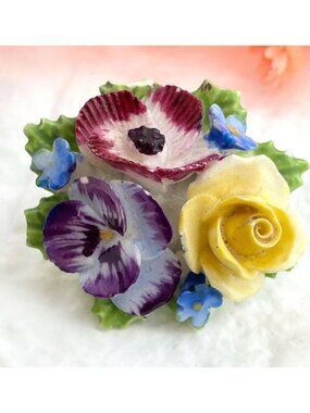 English Made Domed Triple Blooming Floral Enamel XL 80's Vintage Jewelry Brooch